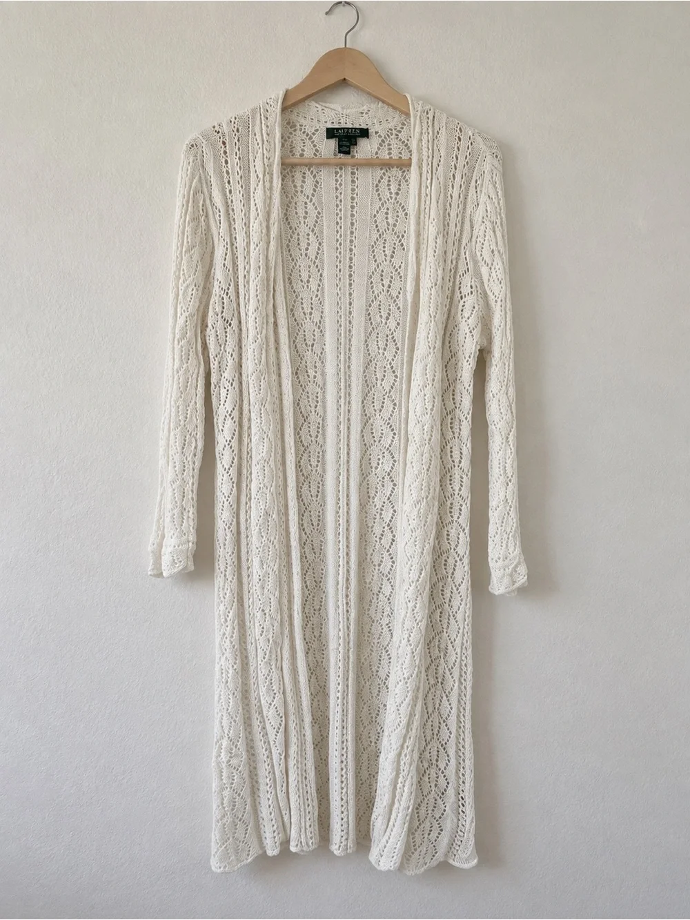 Lauren Ralph Lauren Ivory Crochet Open Knit Long Cardigan Duster Size L Cotton